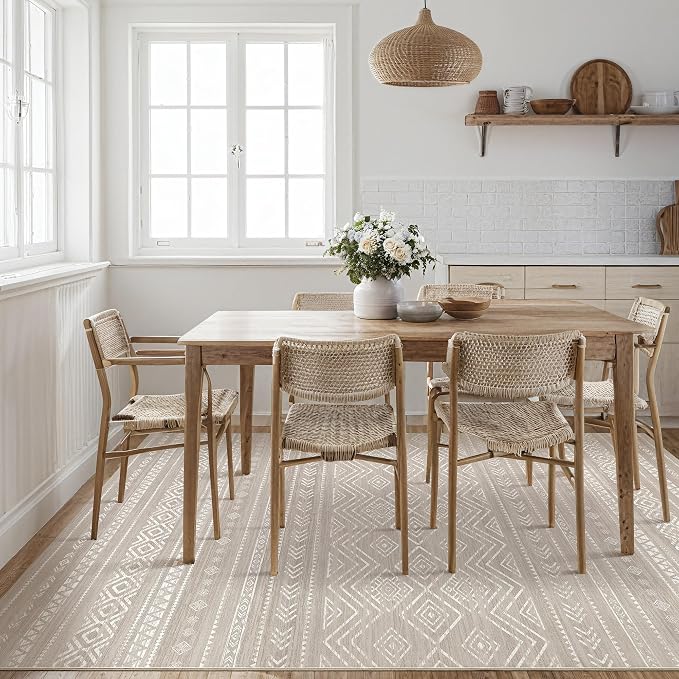 Tortania Area Rug Living Room Rugs - 8x10 Washable Large Soft Neutral Boho Moroccan Bohemian Farmhouse Rug Indoor Floor Carpet for Bedroom Under Dining Table Home Office Decor - Taupe