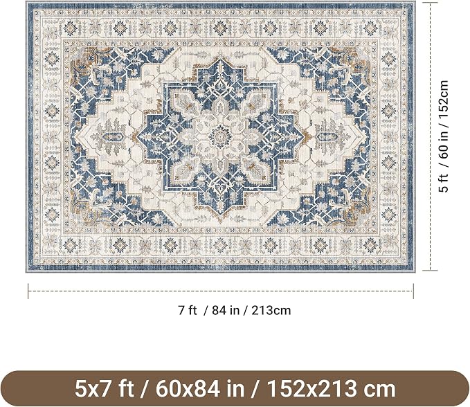 befbee 5x7 Area Rug for Living Rooms, Stain Resistant Neutral Washable Rugs for Dining Rooms, Floral Vintage Non-Slip Thin Large Size Area Rugs(Blue)