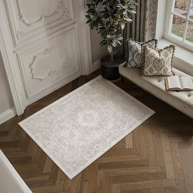 PureCozy 2x3 Washable Small Entryway Rug Grey Vintage Oriental Medallion | Non Slip, Soft Low Pile, Door Mat for Bathroom, Indoor Entrance, Kitchen, Retro Decor