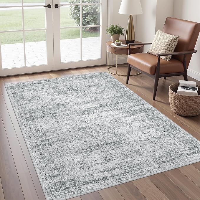 4x6 Area Rug for Entryway,Washable Kitchen Rug,Grey | Small Rug for Hallway,Bedroom,Living Room,Dining Room,Thin,Soft, Neutral Rug,Stain Resistant Indoor Carpet,Non Slip