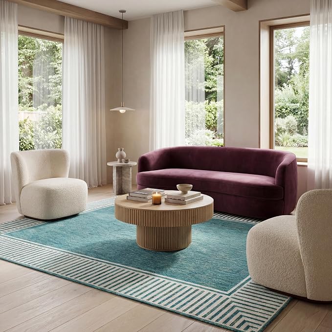 Nuloom Asha Teal/Ivory, 8' x 10', Casual, Striped Border, Soft and Cozy, High Traffic, Easy Clean, Durable Area Rug for Indoor/Outdoor Patio, Deck, Porch, Garden, Courtyard