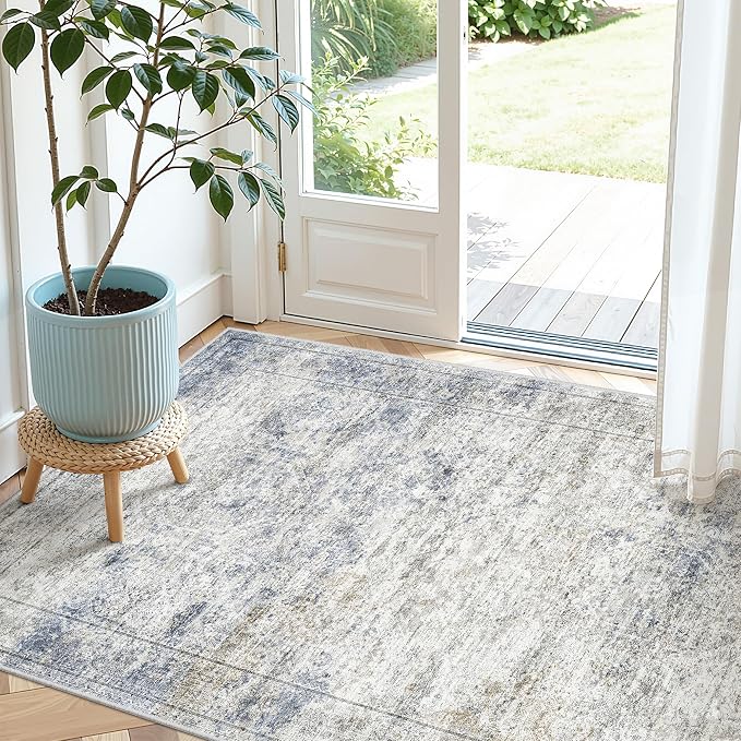 3x4 Rugs for Entryway,Washable Area Rug,Blue | Small Rug for Kitchen,Hallway,Bedroom,Bathroom,Thin,Soft, Neutral Rug,Stain Resistant Indoor Carpet,Non Slip