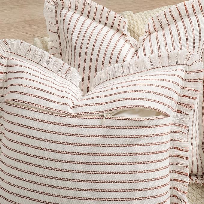 ZWJD Fall Throw Pillow Covers 20x20 Set of 2 Striped Pillow Covers with Fringe Chic Cotton Decorative Pillows Square Cushion Covers for Sofa Couch Bed Living Room Fall Decor,Rust