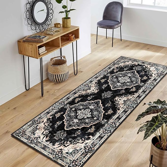 MUJOO Black Runner Rug Washable 2x6 Area Rugs Non Slip Low-Pile Floral | Long Throw Carpet for Hallways Entryway Kitchen Bathroom Bedside Bedroom Laundry Boho Soft Indoor Vintage Bohemian Flowers