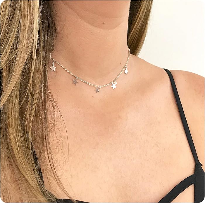 Gold Choker Necklaces 14K Gold Plated/Silver Disc Choker Necklaces Dangling Star Heart Pendant Necklaces Summer Beach Boho Necklaces Aesthetic Necklace Gift for Women