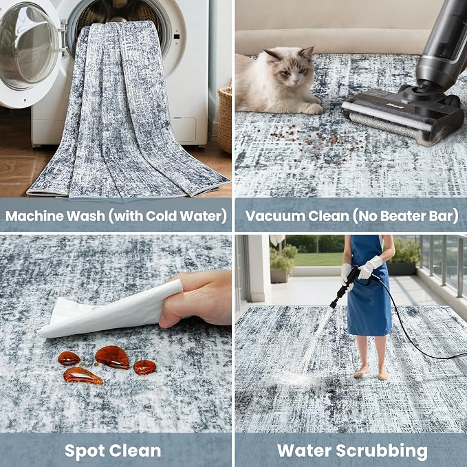 10x14 Area Rugs Washable Rug: Anti-Skid Abstract Modern Living Room Rug Soft Thin Carpets Indoor Floor Non-Shedding Carpet for Bedroom Dining Farmhouse Nursery Home Office (Black/Grey/White,10'x14')
