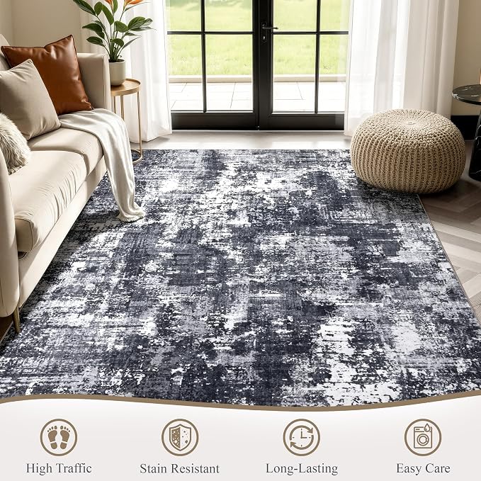 Sasttie 5x7 Soft Area Rug for Living Room, Modern Abstract Washable Carpet for Bedroom, with Non-Slip Backing, Black and White