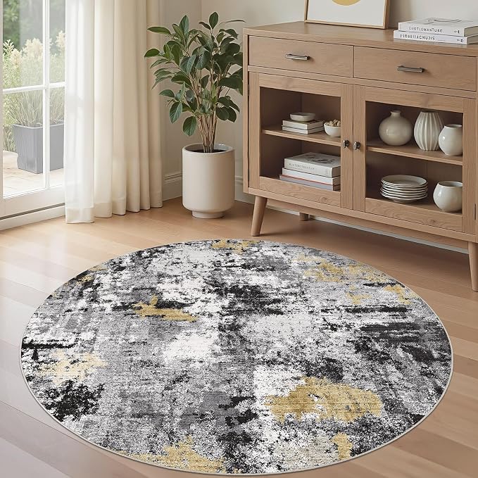 Abstract 9FT Round Rug: Machine Washable Non Slip Ultra Thin Low-Pile Carpet, Soft Stain Resistant for Living Dining Room Bedroom, Kid Pet Friendly, Robot Vacuum Compatible - Black Gold