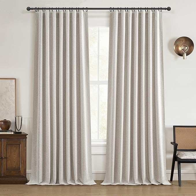 QJmydeco Natural Linen Blackout 92 Inch Bedroom Curtains 2 Panel Sets, Rustic Boho Cream Pleated Ceiling Track Curtain for Dining Room Heat Blocking Privacy Heavy Drape 92 Inches Long Oatmeal Back Tab