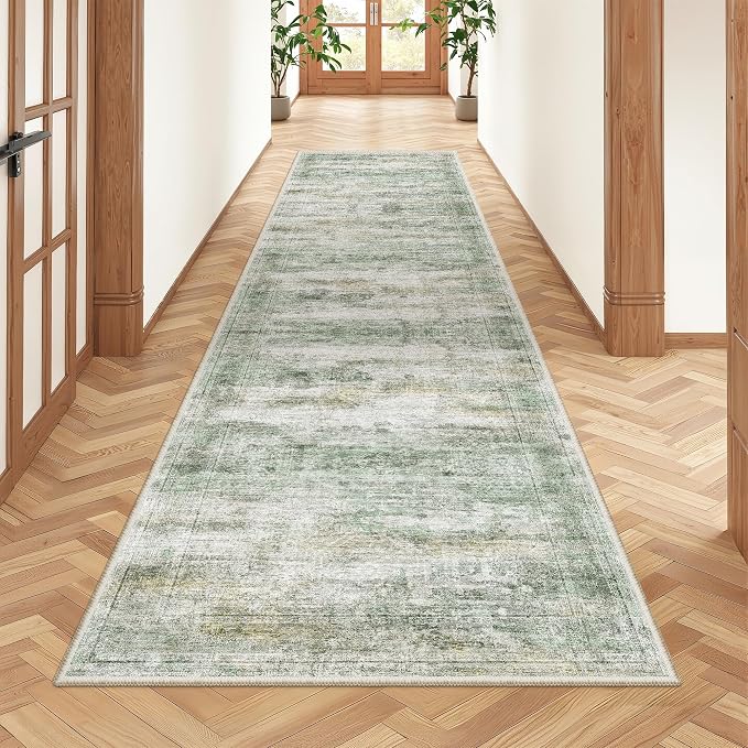 2x8 Runner Rug Non Slip,Washable Hallway Runner Rug,Green | Neutral Rugs for Kitchen,Entryway,Bedroom,Bathroom,Nursery Room,Thin,Soft Runner Rug,Stain Resistant Indoor Carpet