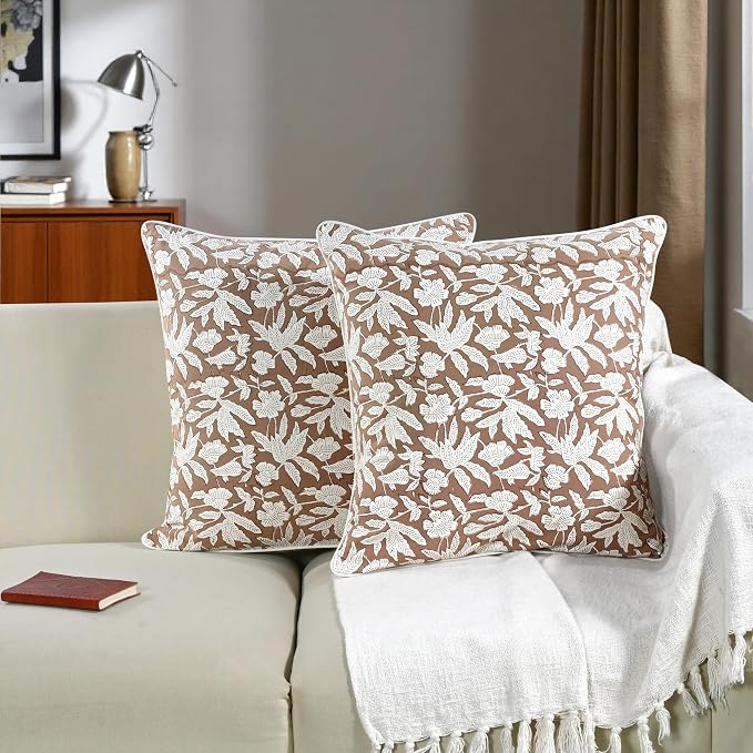 Ridhi Oak Brown Block Print Cotton Piping Throw Pillow Covers 16x16 Set of 2 Decorative Couch Pillows for Living Room, Chic Boho Cute Outdoor Pillows Covers Gifts for Christmas, Thanksgiving
