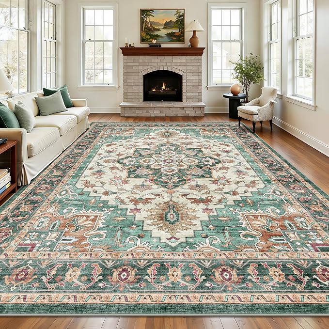 8x10 Area Rugs for Living Room - Washable Rug Vintage Distress Boho Medallion Rugs for Bedroom, Soft Non-Slip Backing Low Pile Carpet for Dining Room Office Nursery Dorm Home, Green Brown