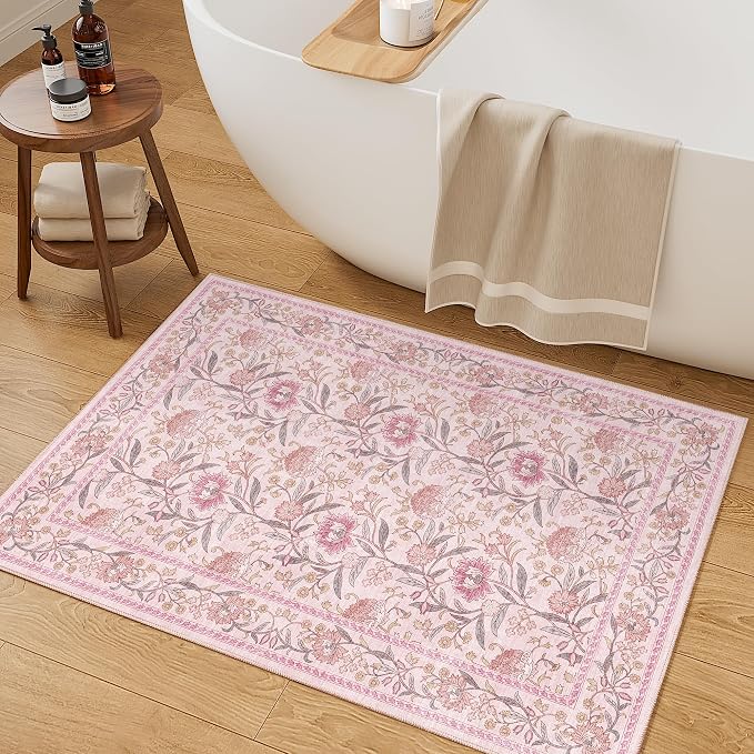 DUKINO 2x3 Rug, Washable Vintage Floral Bathroom Rugs Non Slip, Pink | Low Pile, Stain Resistant Boho Soft Indoor Door Mat, Small Front Door Carpet for Entryway Kitchen Laundry Bedroom Farmhouse