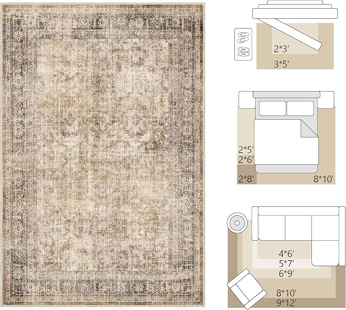 FMFUNCTEX Entryway Rug 2x3 Brown Washable Neutral Vintage Distressed Oriental Door Mat Non Slip Low Pile Indoor Carpet Soft Retro Small Throw Area Rugs for Entry Entrance Bedroom Kitchen Bathroom
