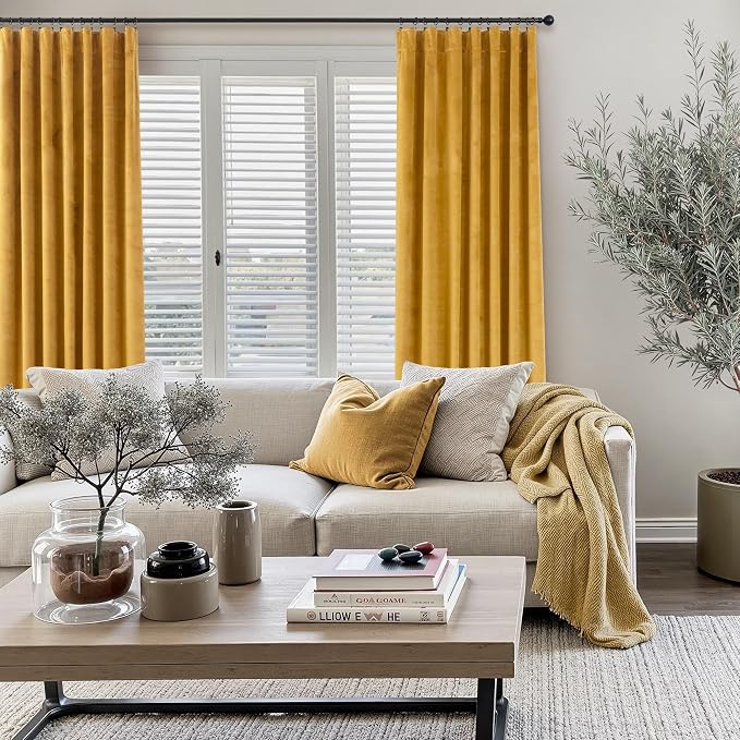 Mustard Yellow Gold Velvet Curtain 84 Inch Long 2 Panel for Living Room Darkening Light Blocking Heat Resistant Warm Fall Drape for Patio Sliding Door French Window Vintage 52x84 Floor Length Back Tab