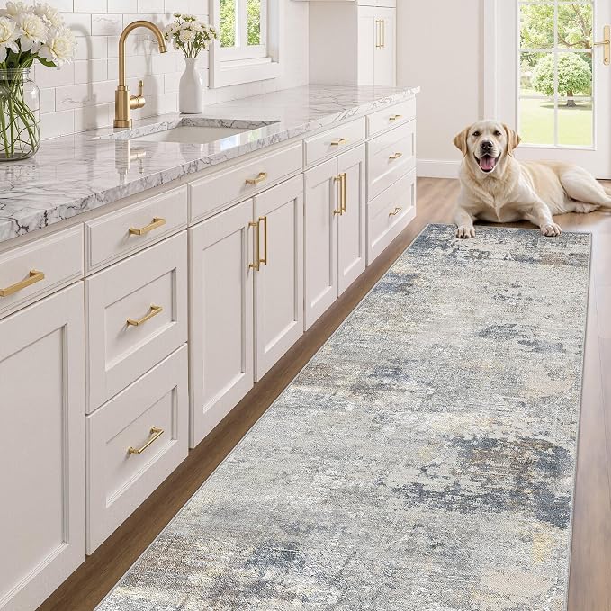 UERMEI 3x10 Washable Runner Rug for Hallway, Non Slip Low Pile Kitchen Carpet, Neutral Modern Abstract Indoor Floor Mat for Entryway Laundry, Kid & Pet Safe High Traffic Area, Blue Grey