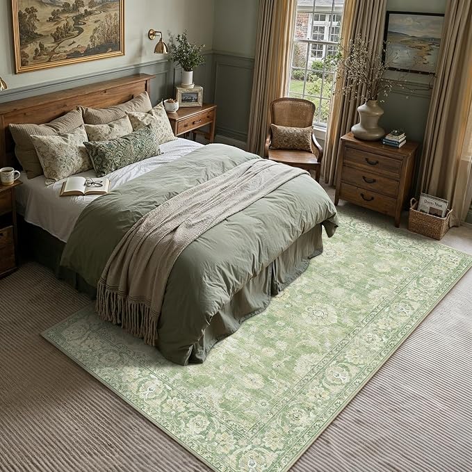 5x7 Green Washable Area Rug for Living Room Bedroom Neutral Floral Soft Non Slip Rug Low Pile Distressed Carpet for Dining Room Nursery Office Indoor