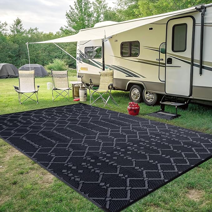 Smiry Outdoor Rug 8x10 ft, Waterproof Reversible Plastic Straw Rugs, Boho Outdoor Area Rug, Outside Floor Mat for Patio, Backyard, Deck, Picnic, Beach, Camping, Dark Grey