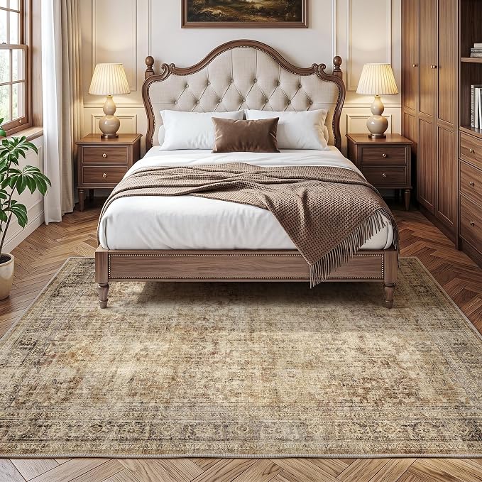 FMFUNCTEX 5x7 Washable Area Rug Brown Neutral Vintage Distressed Oriental Large Non Slip Carpet for Living Room Bedroom Traditional Retro Soft Low Pile Indoor Rugs for Dining Room Office Nursery