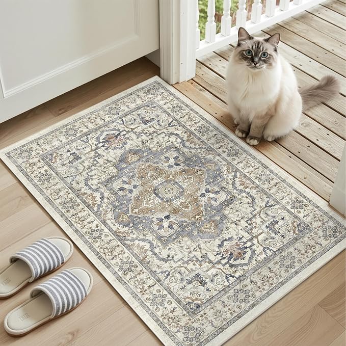 Washable Entryway Runner Rug - 2x3 Kitchen Rug Distressed Low Pile Mats Non Slip Soft Rugs for Dining Room with Rubber Backing Bedroom Runner with Vintage Design (Beige/Blue 2x3)