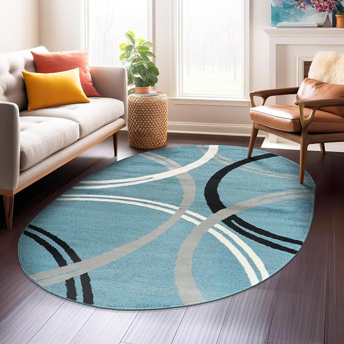 Rugshop Wavy Circles Modern Non-Shedding Living Room Oval Rug Blue 5' x 7'