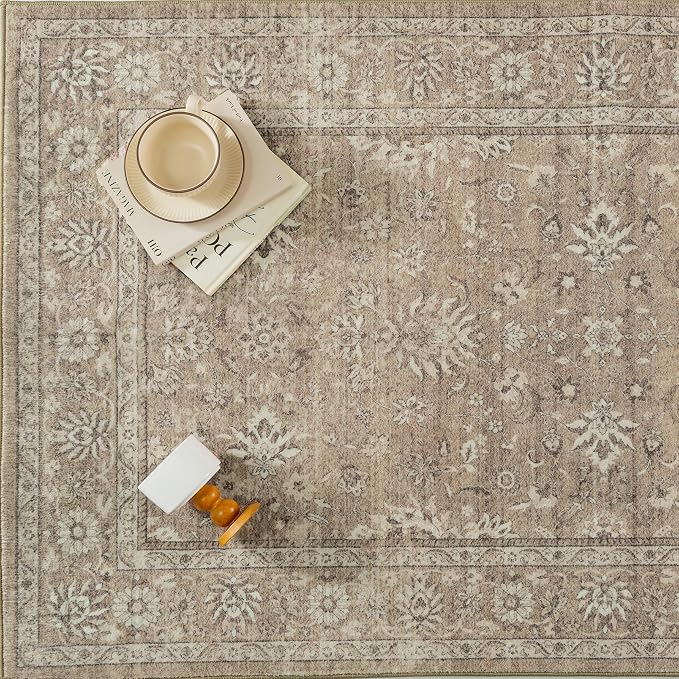 PureCozy 5x7 Area Rug Brown Washable Vintage Carpet Living Room Bedroom Non Slip Stain Soft Resistant Low Pile Thin Boho Accent Indoor Throw Rug for Dining Room Office