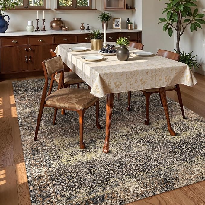 Washable Area Rug 6' x 9' Vintage Traditional Persian Mat - Foldable Distressed Non-Slip Machine Washable Carpet for Living Room Bedroom Kitchen Home Decor - Umber and Slate
