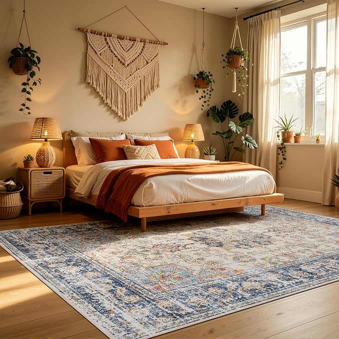Ruaruarug Area Rug 8'×10', Non Slip Machine Washable Ultra Soft Stain & Fade Resistant, Pet & Kids Friendly, for Living Room/Bedroom/Kitchen/Classroom, Navy Brown
