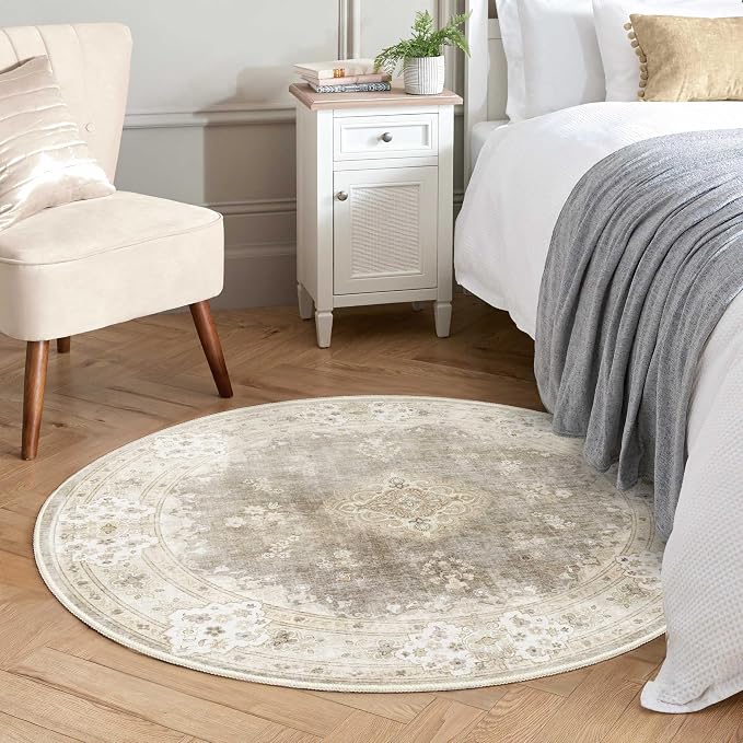 MUJOO Beige Round Rug 4ft Small Circle Washable Area Rug Non Slip Floral | Circular Rugs for Bedroom Living Room Entryway Bathroom Bedroom Boho Throw Carpet Soft Low Pile Indoor Vintage Flowers