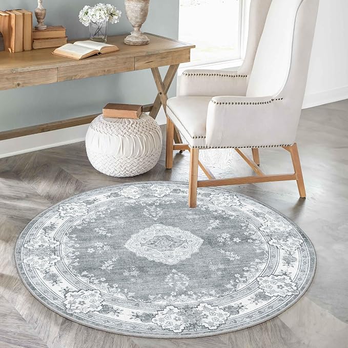 MUJOO Grey Round Rug 4ft Small Circle Washable Area Rug Non Slip Floral | Circular Rugs for Bedroom Living Room Entryway Bathroom Bedroom Boho Throw Carpet Soft Low Pile Indoor Vintage Flowers
