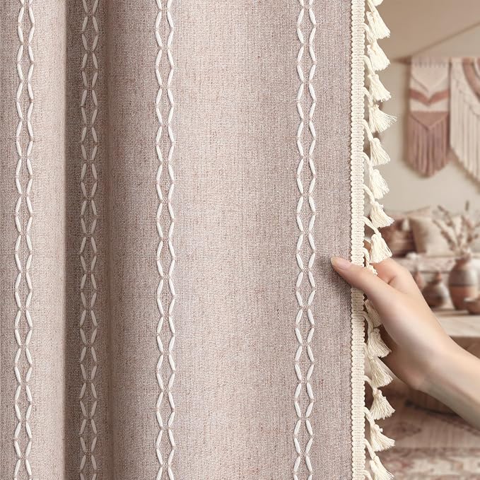 Light Brown Boho Blackout Curtains 2 Panels 84 Inch for Living Room Bedroom, Linen Texture Farmhouse Curtains with Tassels and White Cotton Embroidery Vintage Rustic Country Western