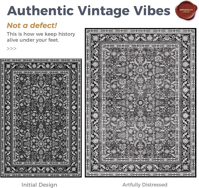 OPPODREAM Vintage Black Round Rug 5ft, 5 ft Retro Washable Circle Rug Non Slip, Low-Pile Faux Wool Circular Carpet, Distressed Floor Mat for Living Room, Bedroom, Office, Dorm, Dinning Room