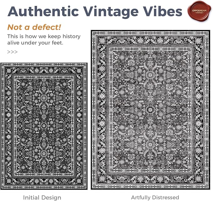 OPPODREAM Vintage Black 2x6 Runner Rug, 2 x 6 Retro Washable Rug Non Slip, Low-Pile Faux Wool Carpet, Distressed Floor Mat for Kitchen, Hallway, Entry-Way, Entrance, Indoor Back Door