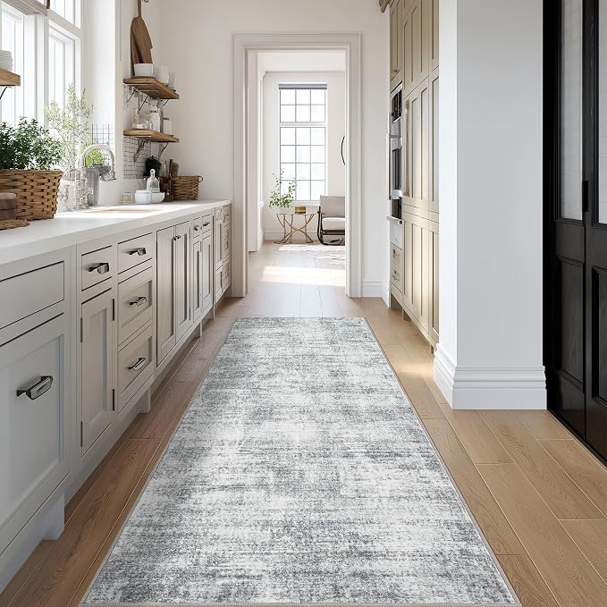 Abstract Grey Kitchen Rugs Non Slip Washable Soft Bedside Rug Runner 2x6 | Light Gray Floor Covering Carpet, for Hallway Bedroom Laundry Room, Modern Boho Minimalist, Low Pile Foldable, Rubber Backing