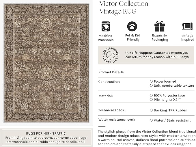 HUGEAR Hallway Runner Rugs 2x8 Brown Washable Rug Neutral Vintage Rug Carpet Distressed Soft Durable Non Slip No Shedding for Indoor Bedroom Kitchen Dining Nursery Laundry