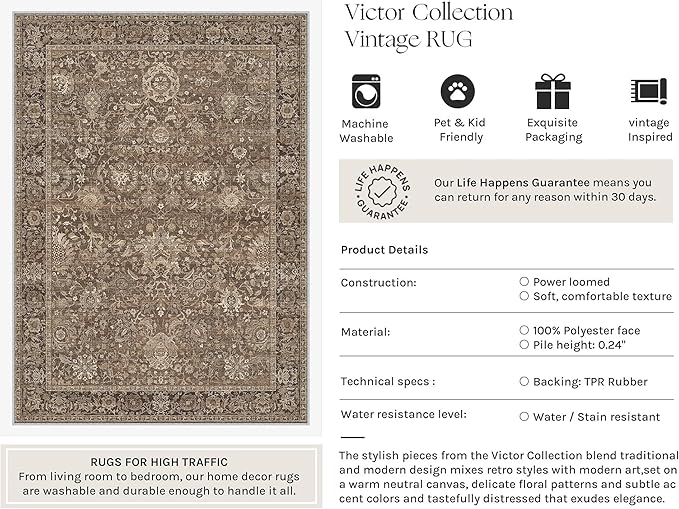 HUGEAR Area Rugs 9x12 Brown Washable Rug for Living Room Bedroom Large Neutral Vintage Rug Carpet Distressed Soft Durable Non Slip No Shedding for Indoor Dining Nursery Farmhouse