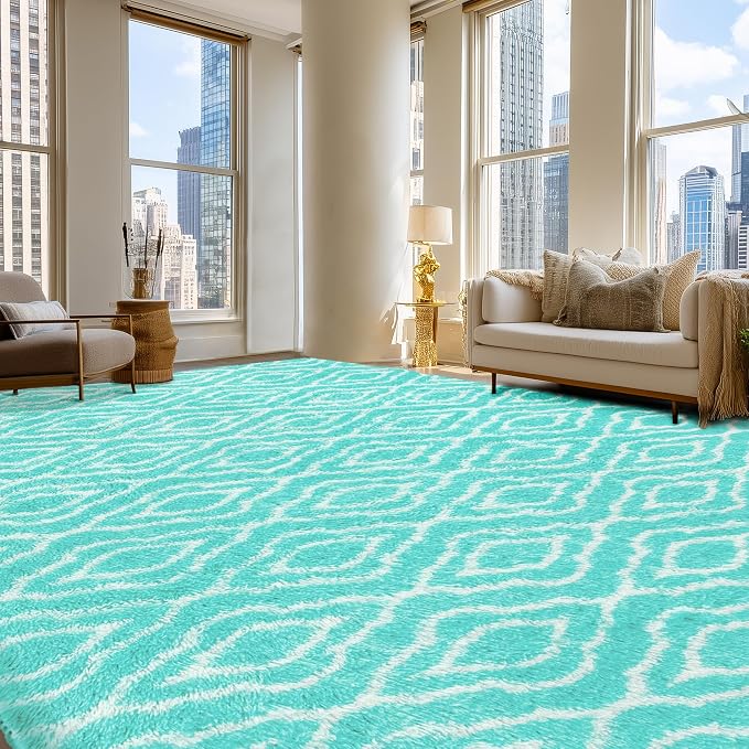 Fluffy Rug for Living Room, Soft Modern 8x10 Green and White Shag Area Rugs | Non Slip Green Carpet for Bedroom, Home Decor Aesthetic, Washable Large Fuzzy Plush Floor Mat for Nursery Teen Dorm