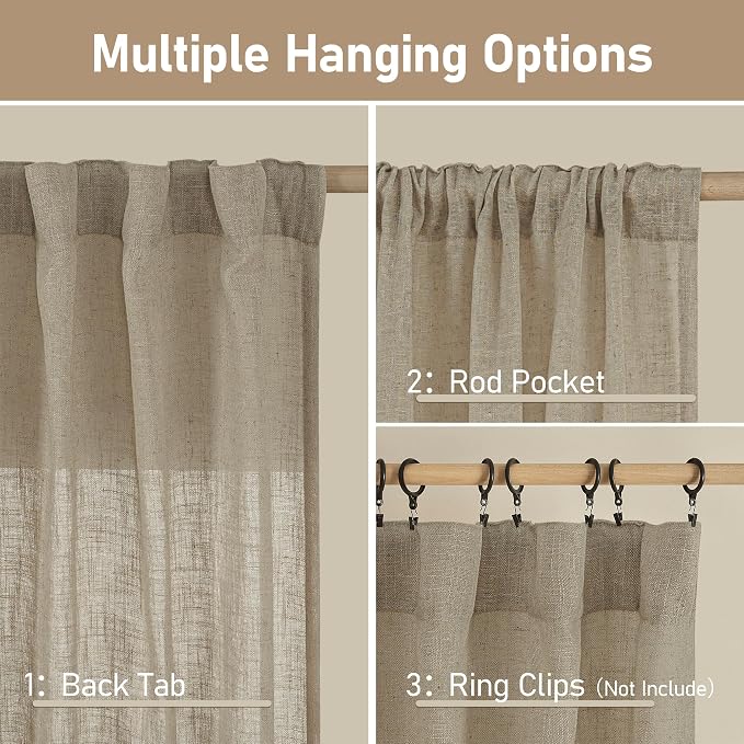 LAMIT Taupe Linen Boho Curtains 80 inch Length 2 Panels, Light Filtering Semi Sheer Panels Back Tab and Rod Pocket Neutral Drapes for Bedroom/Living Room, 34 x 80 Inch