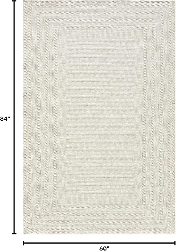 Berry Easy Jute Indoor Outdoor Rug, 5x7 Neutral Bordered Jute Look, Weather Resistant, Easy Care, Lightweight Outdoor Farmhouse Carpet for Patio, Porch, Living Room (5' x 7', Ivory)