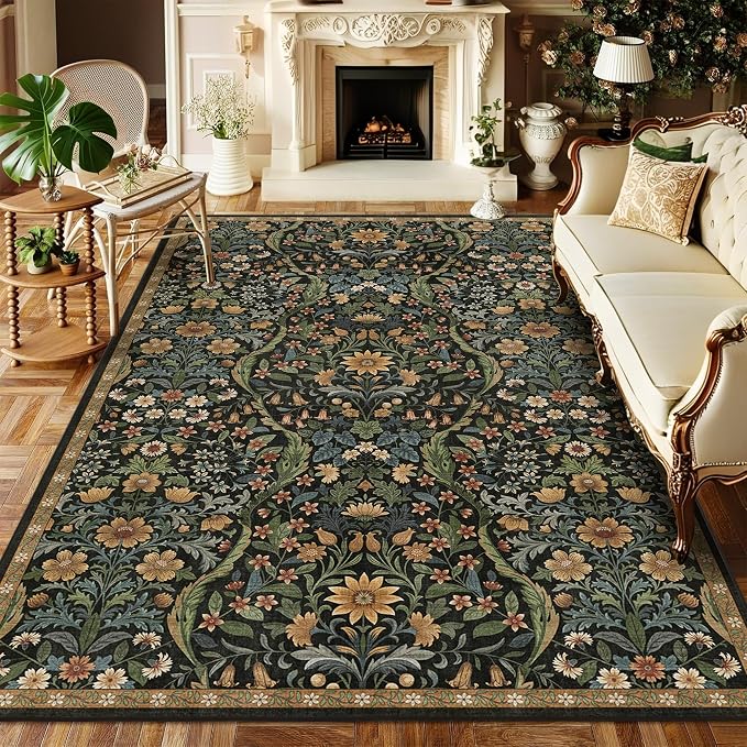 Floral Washable 6x9 Area Rug，Black Brown Boho Rugs for Living Room, Soft Low-Pile Non-Slip Stain Resistant & Non-Shedding Carpet for Girls Bedroom,Dining Room,Office,Entryway,Nursery