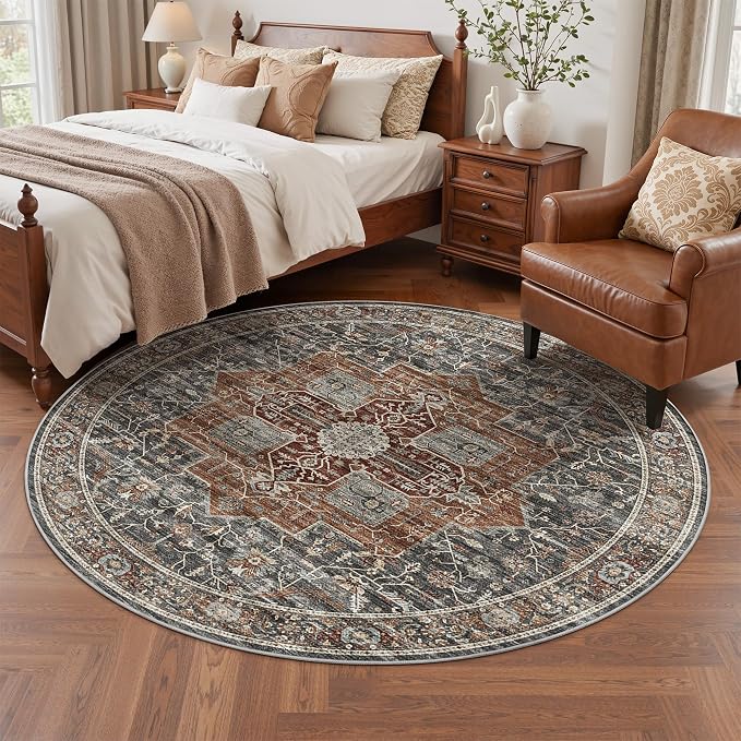 Roxstand 6ft Round Washable Area Rug, Non Slip Rug, Grey/Brown/Tan | 6x6 Low Pile Rug, Stain Resistant, Non-Shedding Surface, Pet & Kid Friendly Circle Rug for Living Room, Bedroom, Dining Room