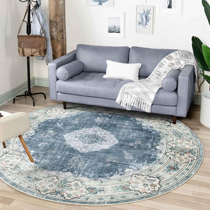 MUJOO Blue Round Rug 6ft,Circle Washable Area Rug Non Slip Low-Pile Floral | Large Circular Rugs for Bedroom Living Room Dining Room Boho Throw Carpet Soft Floor Indoor Vintage Flowers Blue and Grey