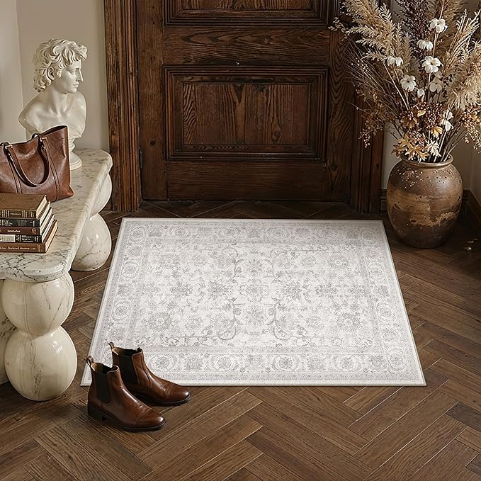 PureCozy 2x3 Gray Entryway Area Rug Vintage Washable Non Slip Indoor Door Mat Kitchen Office Distressed Carpet Low Pile Soft Retro Accent Throw Grey Rug for Dining Room Bathroom Laundry