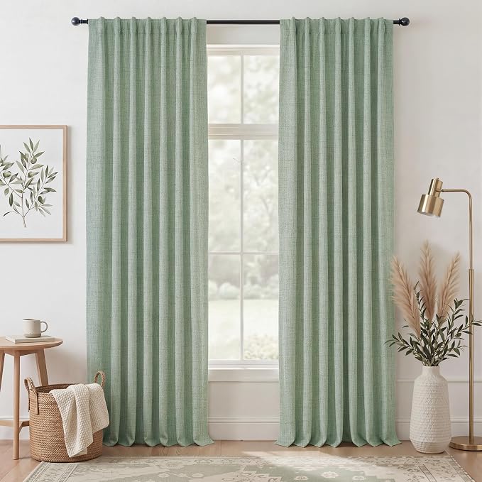 RYB HOME Sage Green 100% Blackout Curtains 96 inches Long, Thermal Insulated Linen Texture Drapes for Bedroom/Living Room, Elegant Farmhouse Curtains Back Tab&Rod Pocket, W52xL96, 2 Panels