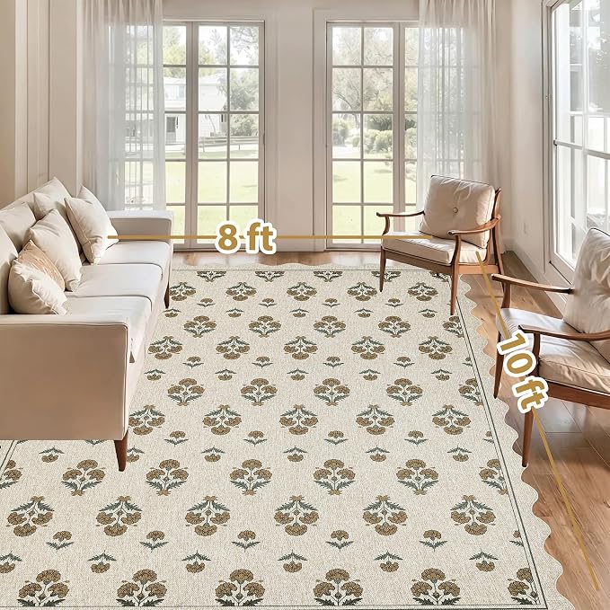 ORTIGIA Scalloped Easy Jute 8x10 Area Rug Vintage Yellow Block Floral Farmhouse Washable Rug Non-Slip Indoor Outdoor Carpet for Living Room Bedroom Patio Entryway