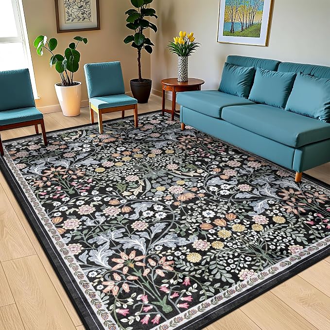 8x10 Area Rugs for Living Room: Floral Washable Rug Vintage Large Soft Boho Non-Slip Carpet Indoor Stain Resistant Low Pile Carpets for Bedroom Dining Room Farmhouse Nursery Home Office Dark Black