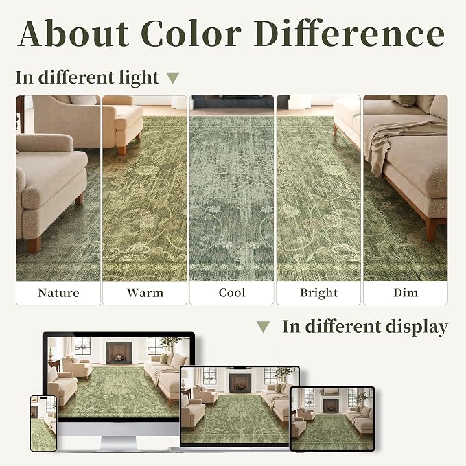 Washable Rugs 5x7, Vintage Medallion Carpet for Living Room, Sage Green | TTelephant Area Rug for Bedroom and Dining Room, Low Pile Rug with Non-Slip Silicone Backing, Non-Shedding Stain Resistant