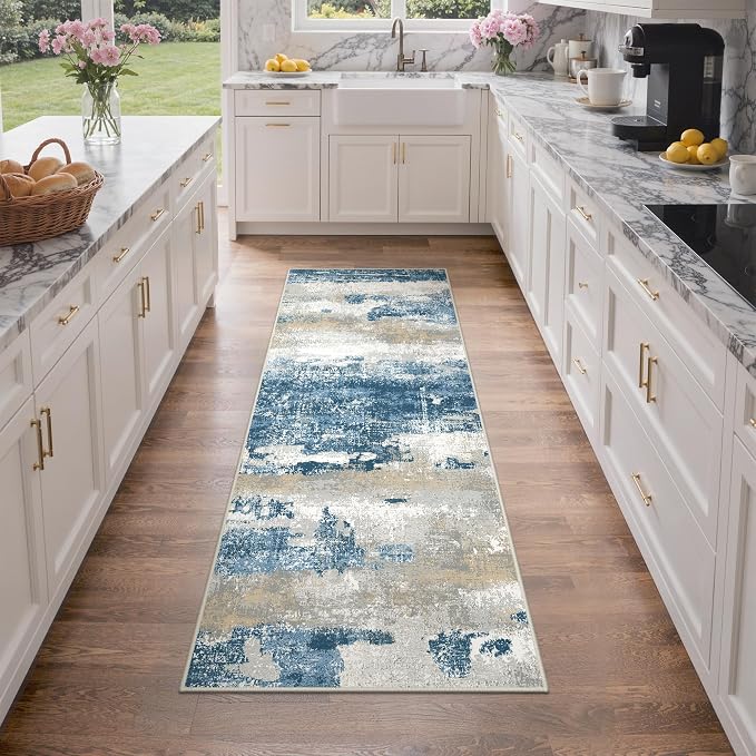 GENIMO Runner Rug Non Slip 2x6, Washable Rug Runner for Hallways Kitchen, Abstract Modern Kitchen Rugs, Low Pile Lightweight Carpet Runners for Entryway, Bedroom, Laundry, Sky Blue