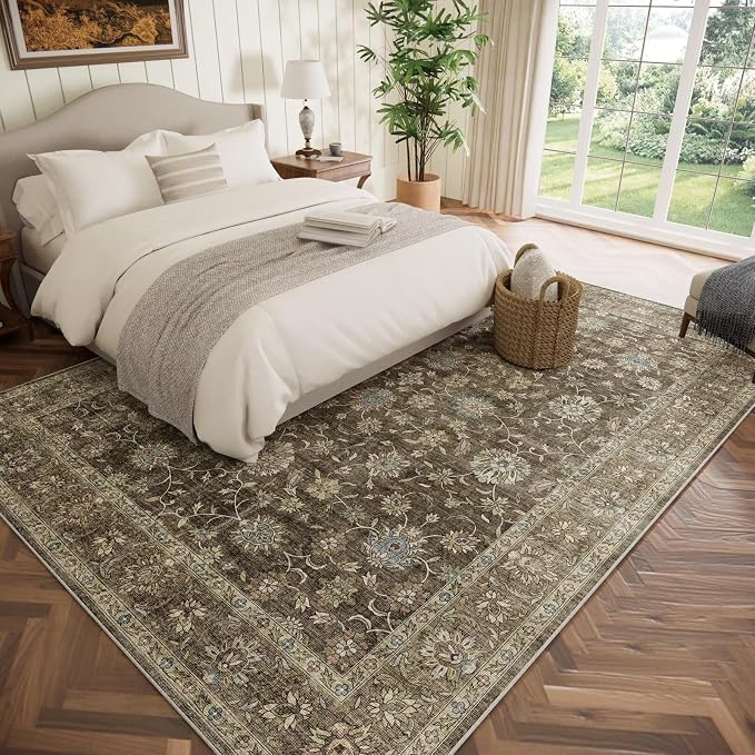 Boho Washable 8x10 Area Rugs for Living Room, Cushioned, Tan/Flaxen | Vintage Non-slip Neutral Oriental Rugs for Bedroom Dining Room Nursery Office High Traffic Area