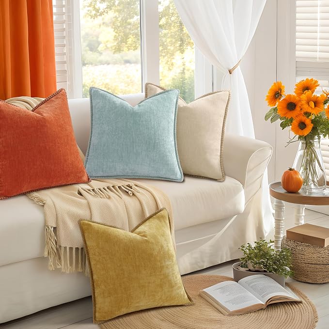 decorUhome Fall Soft Decorative Chenille Throw Pillow Covers 18x18 Set of 4 | Rust Orange Decorative Modern Farmhouse Neutral Pillow Cases with Stitched Edge for Couch Sofa Bed Living Room Home Decor